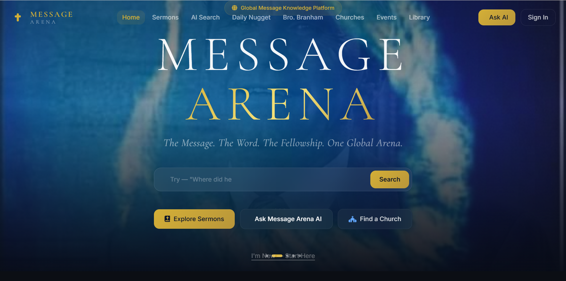 Message Arena landing page with sermon discovery and AI search